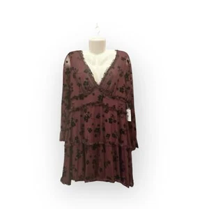 B. Smart Junior's Burgundy/Blk Long Sleeve Deep V-Neck Ruffle Tiered Dress SZ 15 - Picture 1 of 10