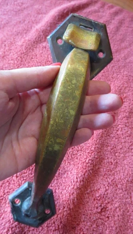 Vtg Bronze Brass Front Door Handle Thumb latch Pull 9" hexagon ends heavy solid Cover