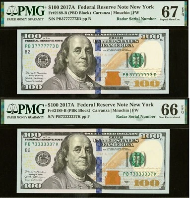 2017A $100 Federal Reserve Note PMG 67EPQ crazy rare fancy super radar set - Image 1 of 4