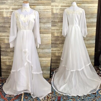Vestido de novia vintage años 70 bohemio victoriano línea A encaje gasa cuello alto Foto 1 de 4