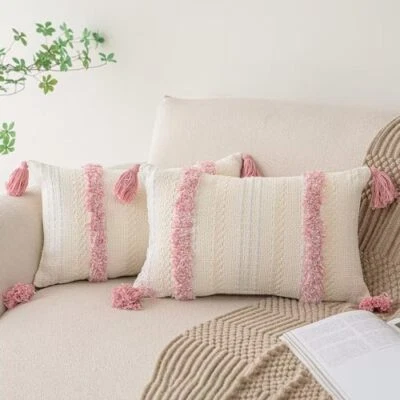 Boho Throw Pillow Covers 12x20 Set of 2 Woven Tufted 12x20 Inch (Set of 2) Pink - Image 1 of 4