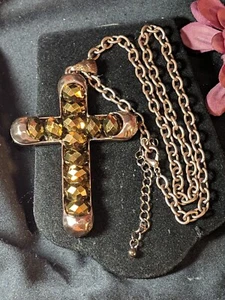 Vtg Honey Amber Carnival Glass Cross Hip Hop Rock Rapper Concert Chain Necklace - Picture 1 of 24