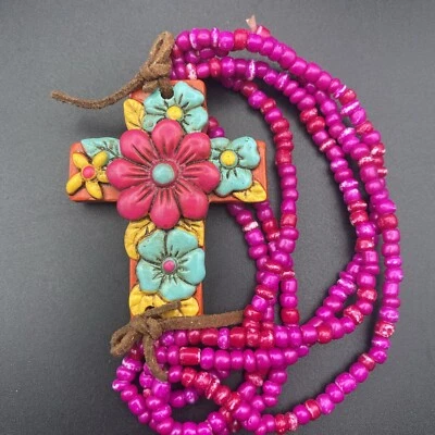 Boho Cross Bracelet Bright Floral Stretch Charm Seed Beads Leather Handmade - Image 1 of 4