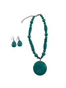 Southwestern Faux Turquoise Necklace Earrings Set Chunky Large Round Pendant 17" - Picture 1 of 10