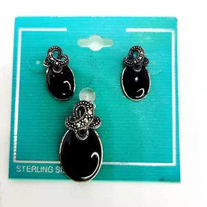Vintage Set Of Sterling Silver Onyx Marcasite Pendant And Earring New On Card - Picture 1 of 5