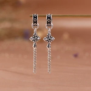2-in-1 S925 Silver Gothic Cross Cuba Chain Dangle Tassel Earrings Detachable - Picture 1 of 10