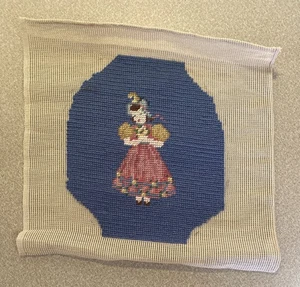 VTG Dutch Girl Needlepoint Unframed Art Artwork Blue Background Pink Dress - Picture 1 of 8
