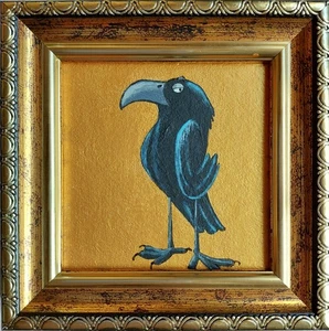 Krähe Gemälde Lustig Vogel Rabe Portrait Wandbild Goldenes Gemälde Gerahmtes Kunstwerk - Bild 1 von 10