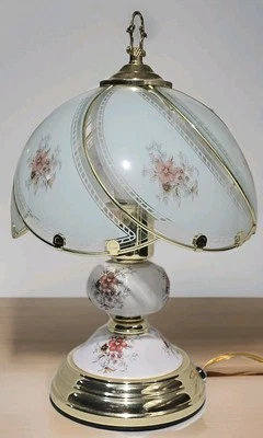 Elegant Golden Base & Floral Glass Panels Shade Touch Table Lamp Used - Image 1 of 4