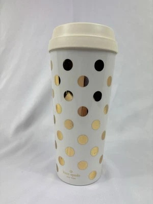 KATE SPADE GOLD POLKA DOT PRINT 16OZ THERMAL TRAVEL MUG COFFEE CUP HOT COLD - Image 1 of 4