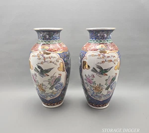 Vintage 2er Set chinesische Famille Rose Porzellan handbemalte Vasen 15" Vögel Blumen - Bild 1 von 16