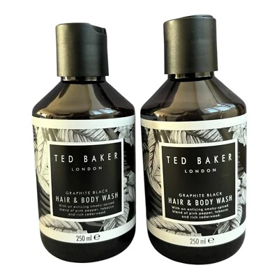 2 Ted Baker Graphite Black Hair & Body Wash 250ml Mens New