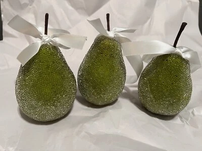 3 Pear Ribbon Ornaments Clear Beaded Green - Image 1 of 4