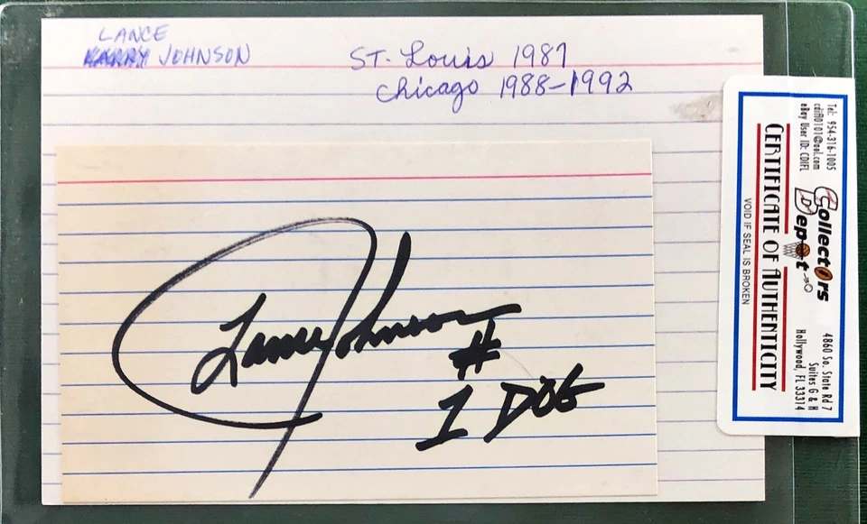 TARJETA ÍNDICE AUTOGRAFIADA DE BÉISBOL LANCE JOHNSON CON CERTIFICADO DE AUTENTICIDAD NEW YORK MET Foto 1 de 1