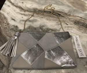 MALIBU SKYE  gray patchwork leather purse with gold Plated chain strap NEW - Picture 1 of 10