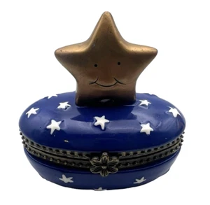 Vintage Star Small Hinged Trinket Pill Box Cobalt Blue Gold White - Picture 1 of 8