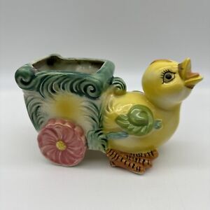 Vintage Shafford Ceramic Hand Decorated Easter Spring Chick Wagon Planter