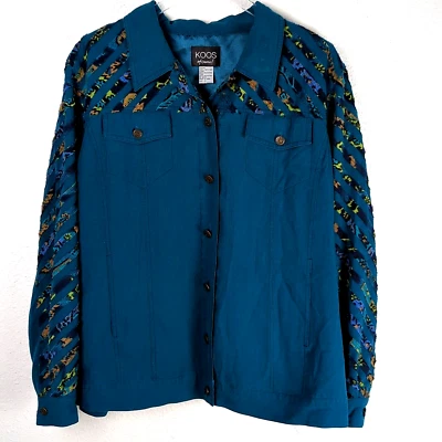 Koos of Course Silk Jacket Women’s Plus Size 2X Teal Green Striped Button-Up - Image 1 of 4