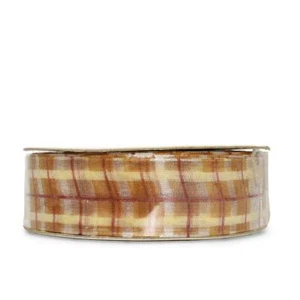 25 Yard Spool Brown Yellow White Plaid Sheer Ribbon 1"W - Picture 1 of 1