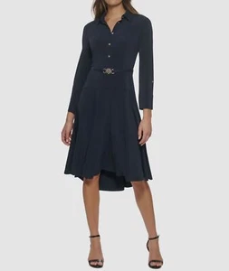 Tommy Hilfiger Women's Blue Collared 3/4 Sleeve Belted Shirt Dress Size 10 - Picture 1 of 3