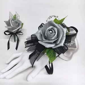 Glamour Singolo Argento Schiuma Rosa su Nero Prom Corsetto & Boutonniere - Foto 1 di 1