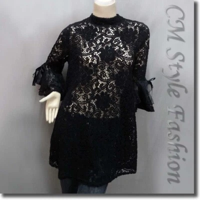 Elegante Top Túnica Floral Encaje Crochet Ver a Través de Una Línea Levita Negro M Foto 1 de 4