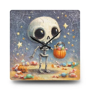Halloween Skeleton Wall Clock Acrylic Round or Square Décor High-End Durable - Picture 1 of 9