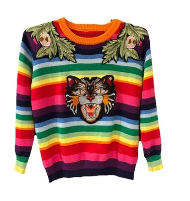 GUCCI Tejido y Suéter Gato Enojado Arco Iris Lana Multicolor Borde S Foto 1 de 4