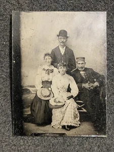 Young Men And Women Group With Hats Uniform Antique Tintype Photo - Picture 1 of 2
