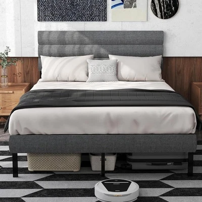 Marco de cama con plataforma tapizada tamaño queen DUJAHMLAND con cabecero de terciopelo Foto 1 de 4