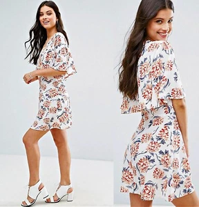 ASOS cape skater dress summer designer floral mini short boho size M L UK 14 New - Picture 1 of 8