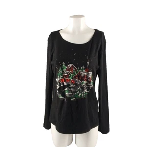 NWT KAREN SCOTT White Christmas Rhinestone Glitter Top M(8-10) Black Cotton - Picture 1 of 10
