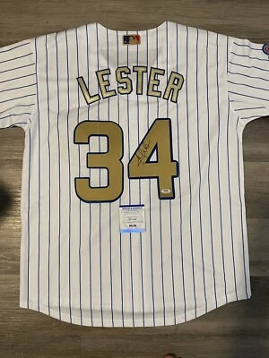 Jon Lester Signed Auto Chicago Cubs Jersey Gold  2016 World Series Champ PSA COA - Image 1 of 4