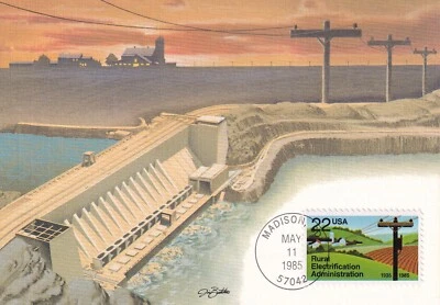 USA 1985 FDC ON MAXI CARD RURAL ELECTRIFICATION ADDMIN (REA) POWERLINES FARMLAND - Image 1 of 2