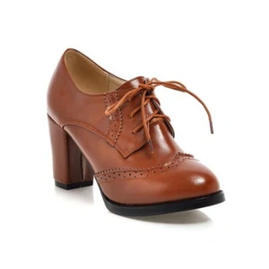 Tan Lace Up Oxford Heels Vintage Shoes Women Chunky Heels Round Toe Shoes Bootie - Picture 1 of 9