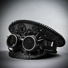 Black Steampunk Captain Hat w/ Spikes Goggles Halloween Military Men Party Cap