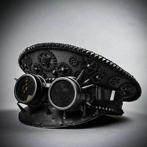Black Steampunk Captain Hat w/ Spikes Goggles Halloween Military Men Party Cap - Picture 1 of 5
