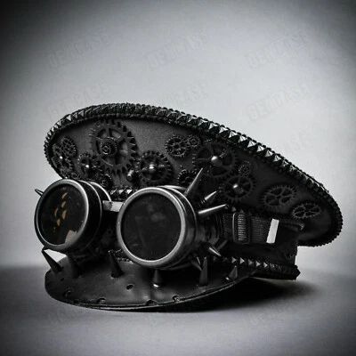 Black Steampunk Captain Hat w/ Spikes Goggles Halloween Military Men Party Cap - Image 1 of 4