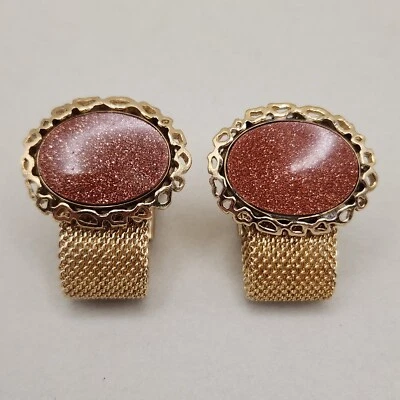 Vtg Anson Goldstone Modernist Cufflinks Wraparound Mesh Gold Tone Crystal Glass - Image 1 of 4