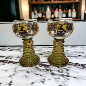 Vintage Pair of German Green Stem Goblets Roemer Wine Toasting Glasses - Picture 1 of 11