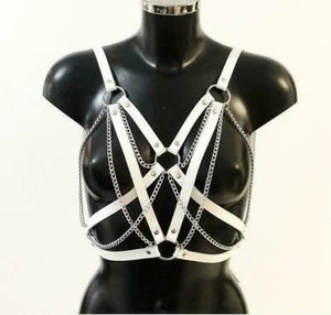 Women PU Leather fetish Halter Body Chest Straps Metal Chain Harness Waist Belts - Picture 1 of 2