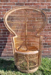 60s Emmanuel Rattan Peacock Chair 53" Wicker Tiki Throne/Fan Boho Needs TLC - Picture 1 of 13