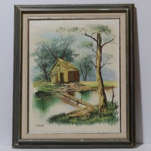 Vintage Oil Painting Framed Canvas Cabin By Lake Artist Signed 21 x 25 1/4 - Picture 1 of 5