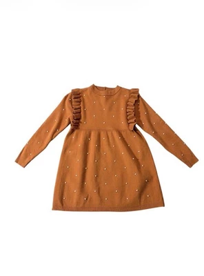 Vestido suéter manga longa com babados pérola jovem menina tamanho 5XL - Imagem 1 de 4