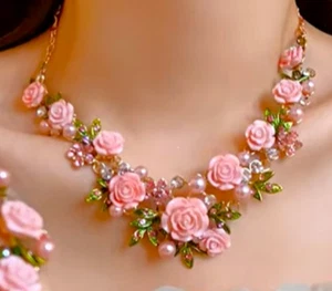 Pink ROSE Flowers PEARL Choker Rhinestone Betsey Johnson Necklace Earring SET - Picture 1 of 17