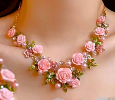 Pink ROSE Flowers PEARL Choker Rhinestone Betsey Johnson Necklace Earring SET - Image 1 of 4