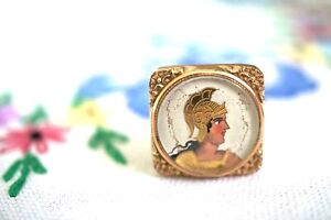 Antique Art Deco Gold Filled Roman Soldier Portrait Hand Painted Single Cufflink