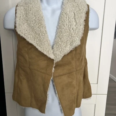 Talbots Faux Suede Shearling Open Front Vest Sherpa Pockets Size Petite NEW - Image 1 of 4
