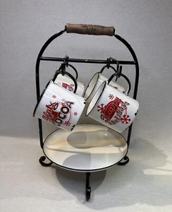 Serving Tray And Mugs Set Gerson Int. Hot Cocoa Happy Holidays Christmas Enamel - Picture 1 of 13