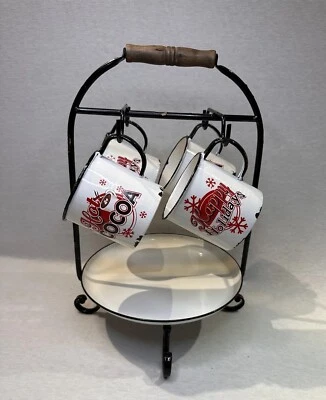 Serving Tray And Mugs Set Gerson Int. Hot Cocoa Happy Holidays Christmas Enamel - Image 1 of 4